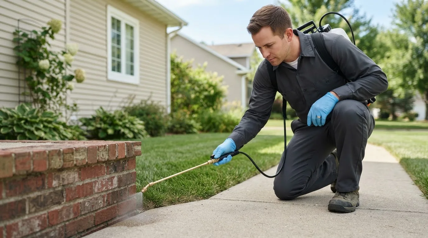Pest control technician treating a home near Lohn, TX